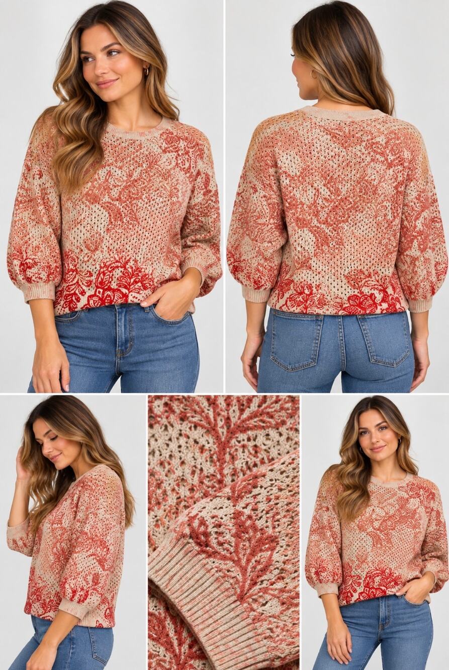 Democracy Women’s Small Boho Floral Open Knit Sweater Balloon Sleeve NWT